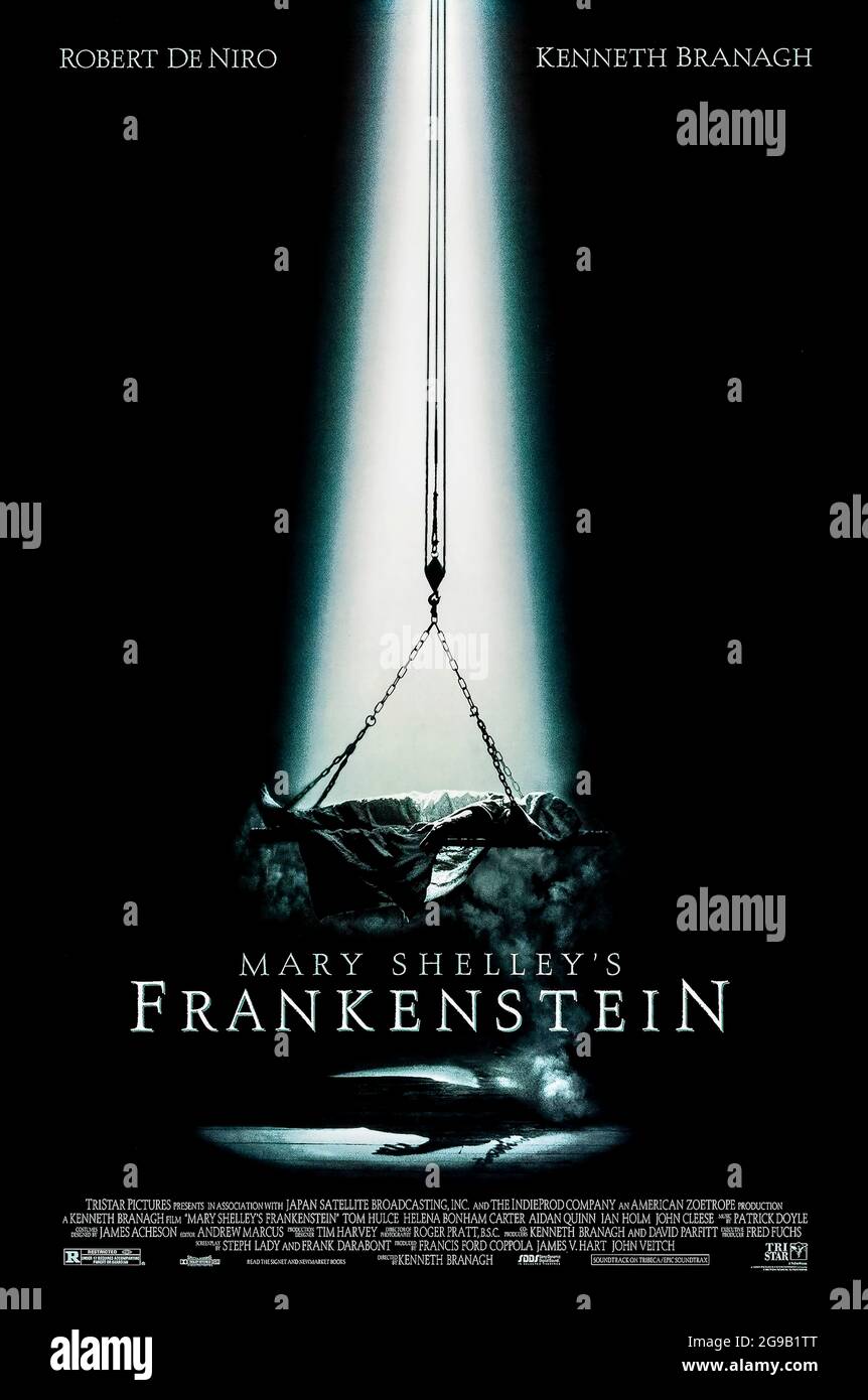 Mary Shelley's Frankenstein (1994) directed by Kenneth Branagh and starring Robert De Niro, Kenneth Branagh, Helena Bonham Carter and Tom Hulce. Big screen adaptation of Mary Shelley's novel about a scientist, Dr Victor Frankenstein, who creates an artificial man out to revenge his creator. Stock Photo