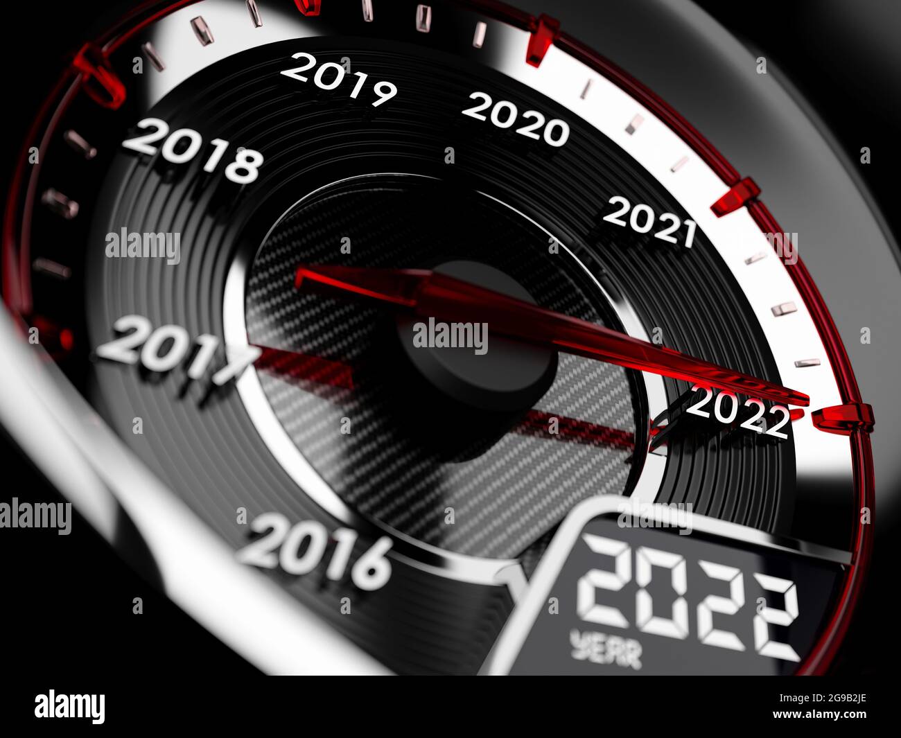 3d illustration of 2022 year car speedometer. Countdown concept Stock Photo