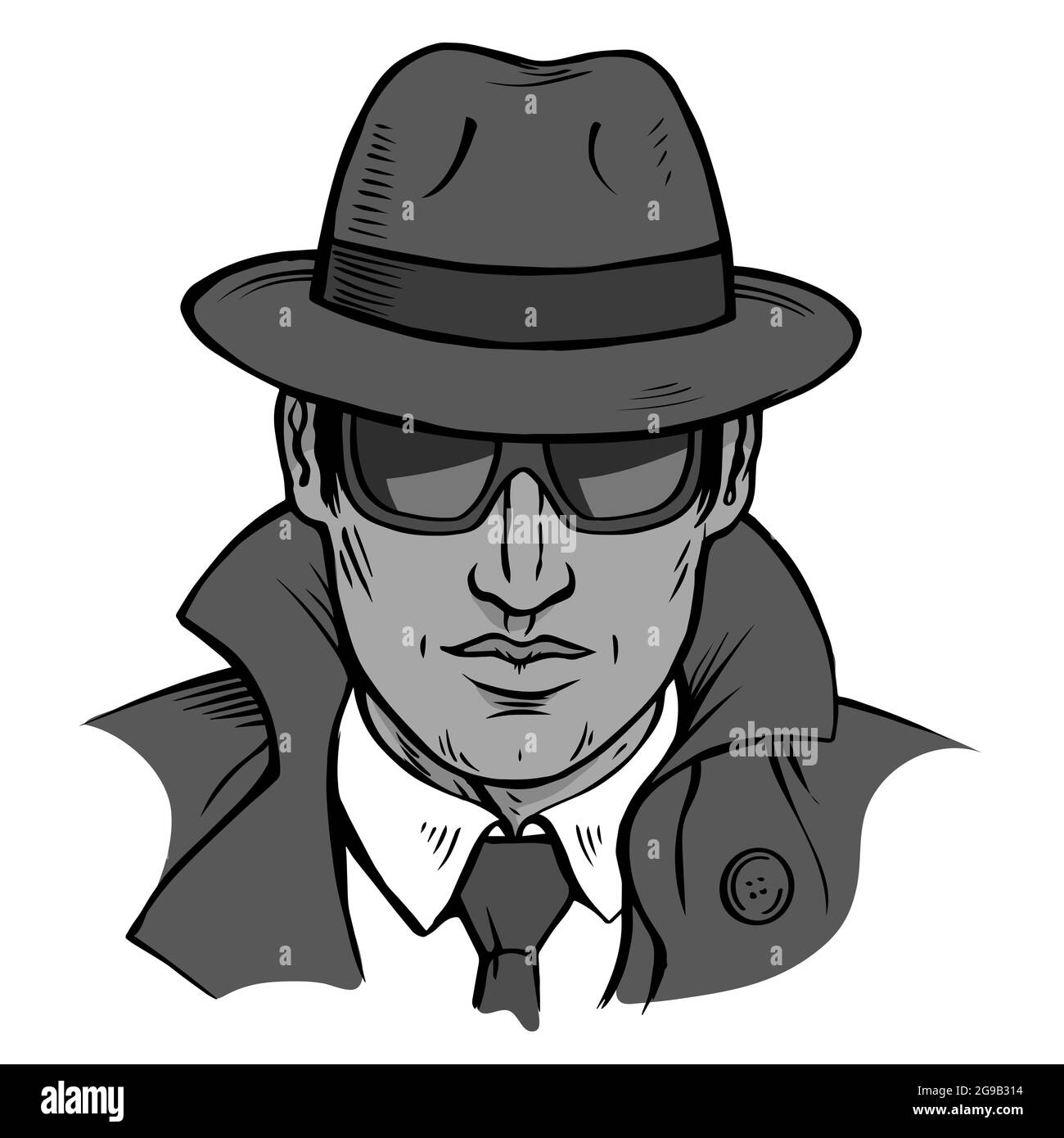 Male detective investigating. Dressed in a retro raincoat and hat. Wearing black glasses. Vector cartoon isolated illustration pop art. Hand drawn out Stock Vector