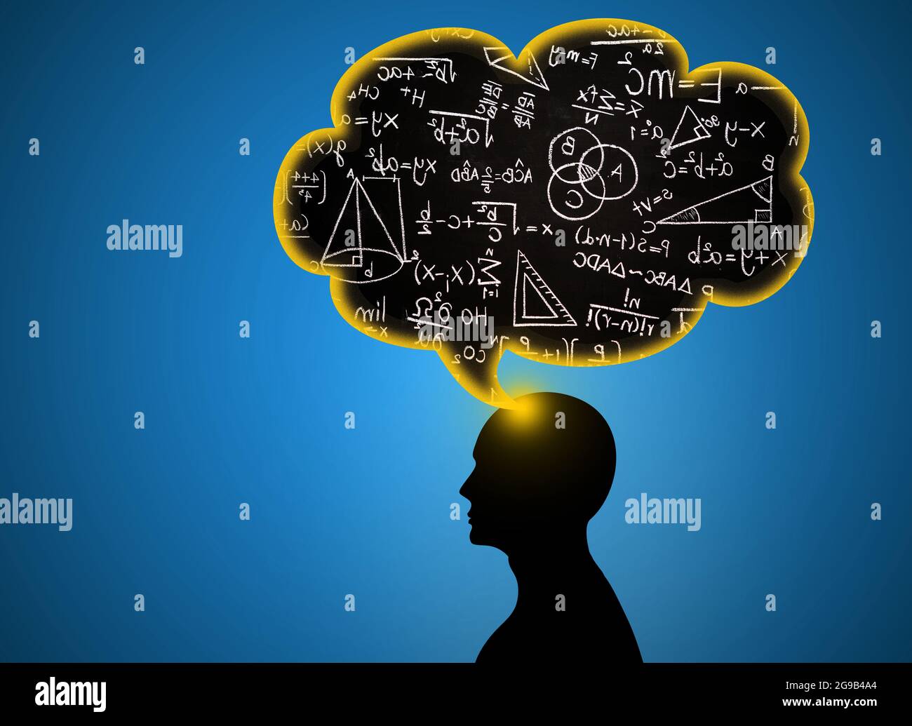 Man Head With Bubble Thoughts of Maths and physics formulas. Man Silhouette Brain With mathematics and physic Formula . scientific brainstorming Stock Photo