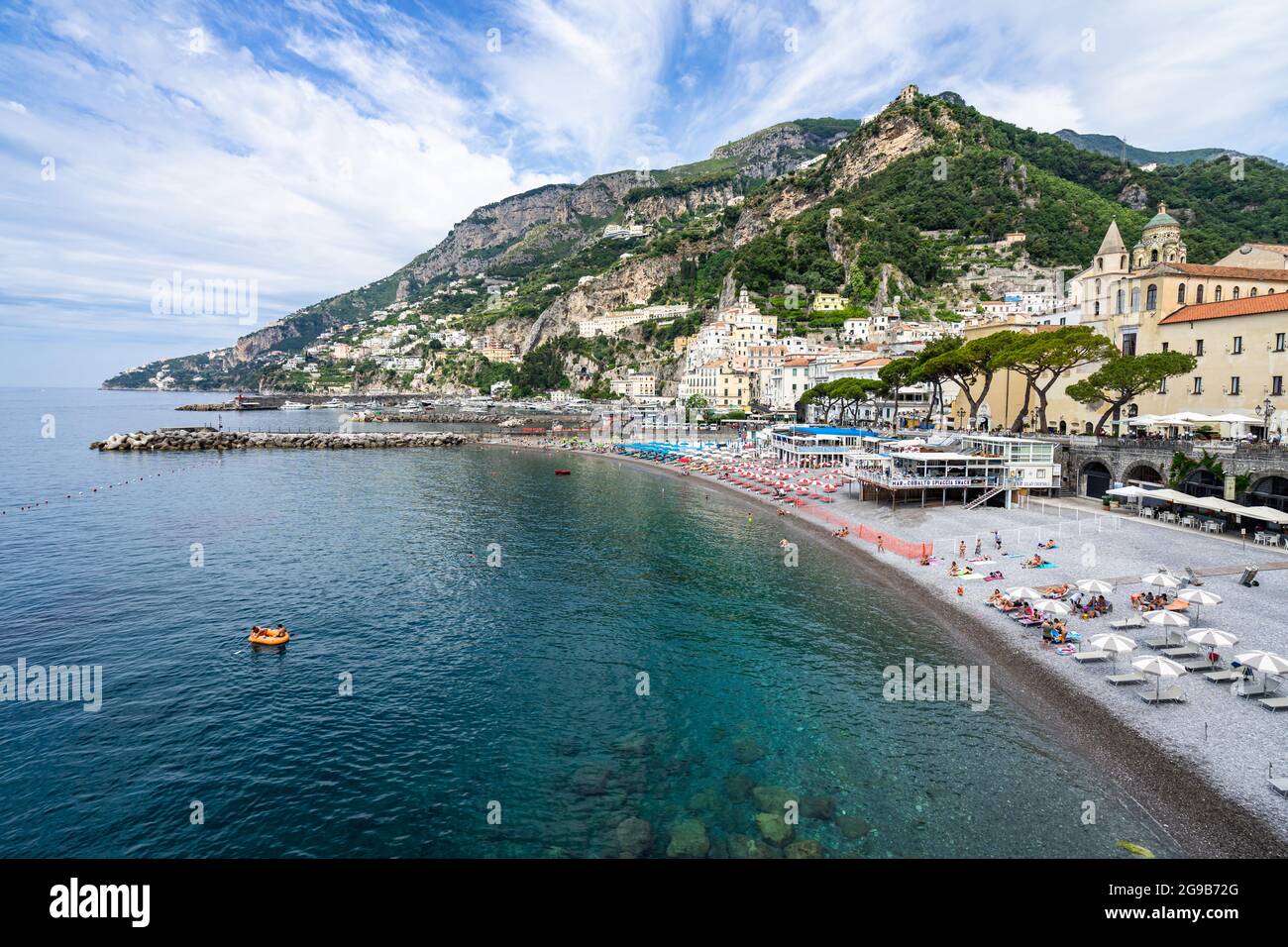 Landscape with Amalfi beach and turquoise water. Amalfi, Italy, June 2021 Stock Photo