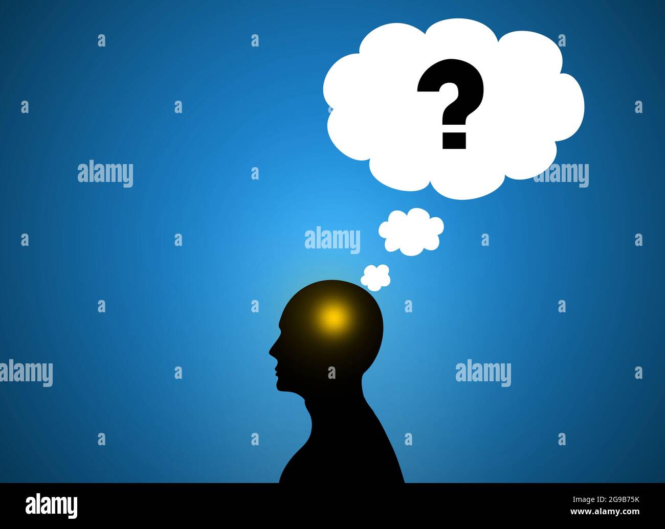 Question mark Over head of a brainstorming Human Brain unknown man . Question Cloud on businessman head in blue background. Brainstorm Ideas , f Stock Photo