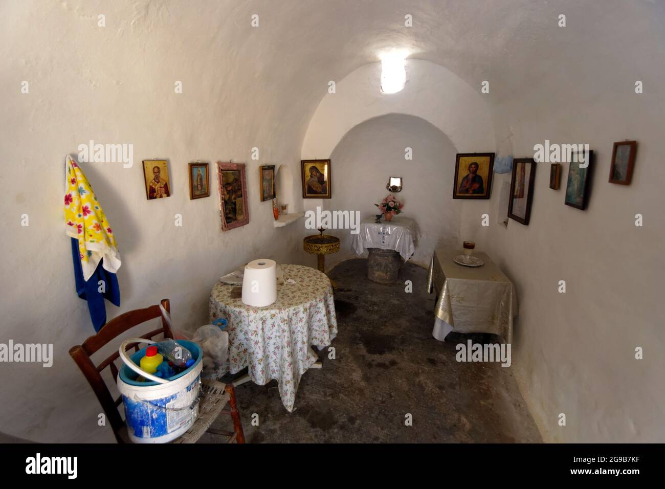 Interior of Panagia Church, Megalo Horio, Tilos, Dodecanese Islands, Southern Aegean, Greece. Stock Photo