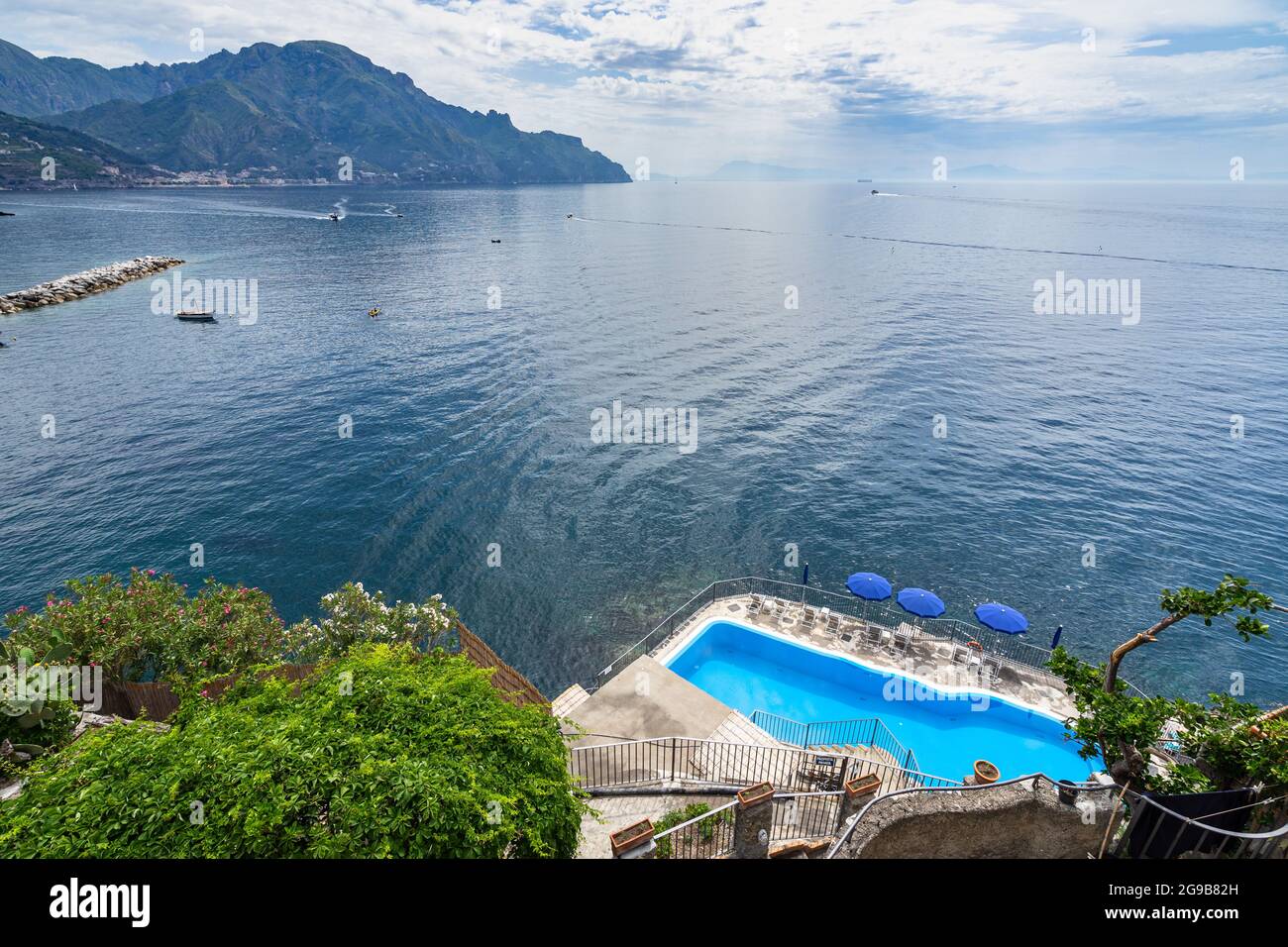A charming swimming pool overlooking on the Mediterranean Sea in Amalfi, Italy Stock Photo