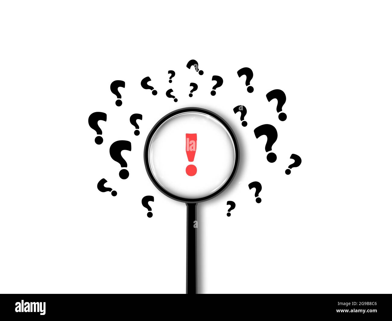 Red Question mark inside the Magnifying Glass, with many others balck questions outside the research loop. Find the right Business Question Stock Photo