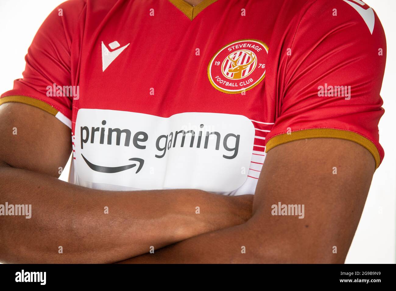 Close up of football / soccer top / jersey of professional football / soccer team in United Kingdom with kit sponsors name Stock Photo