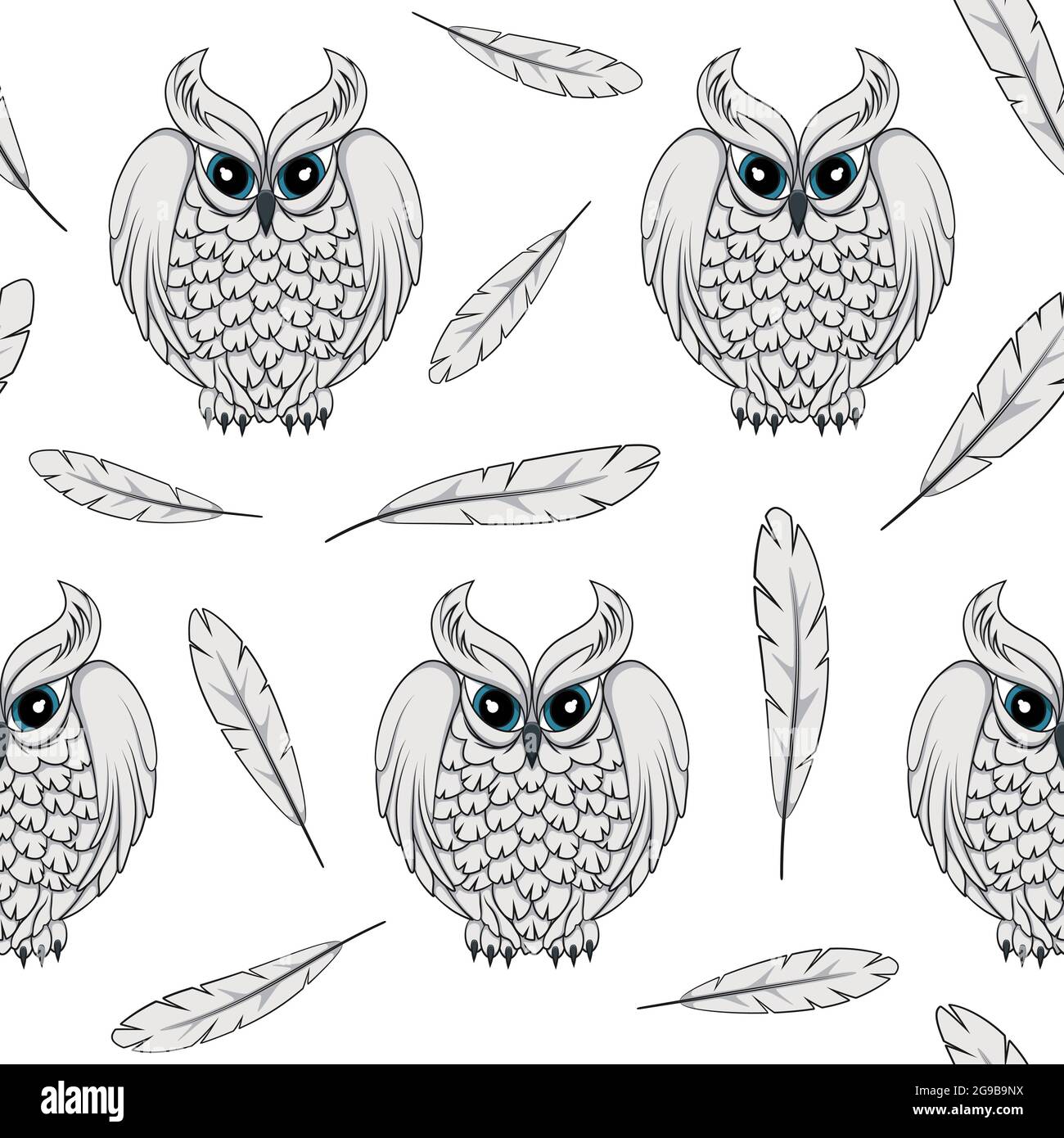 Vector seamless pattern with white polar owls and feathers. Stock Vector