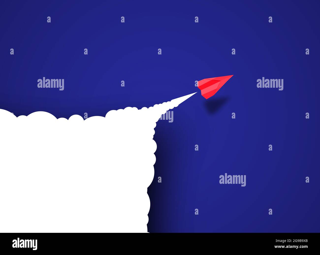 Boost Your Business idea Concept With paper Cloud and Red plane Flying In Royal Blue background. Launch Your Ideas Or website airplane conceptual illu Stock Photo