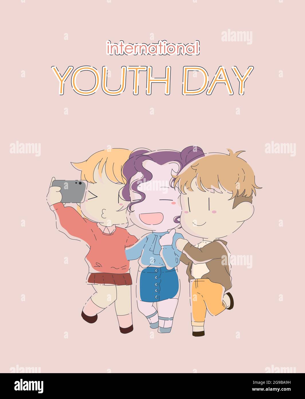 International Youth Day. Doodle vector illustration. Illustration in a flat style together for a holiday celebration. Friends take a photo together. I Stock Vector