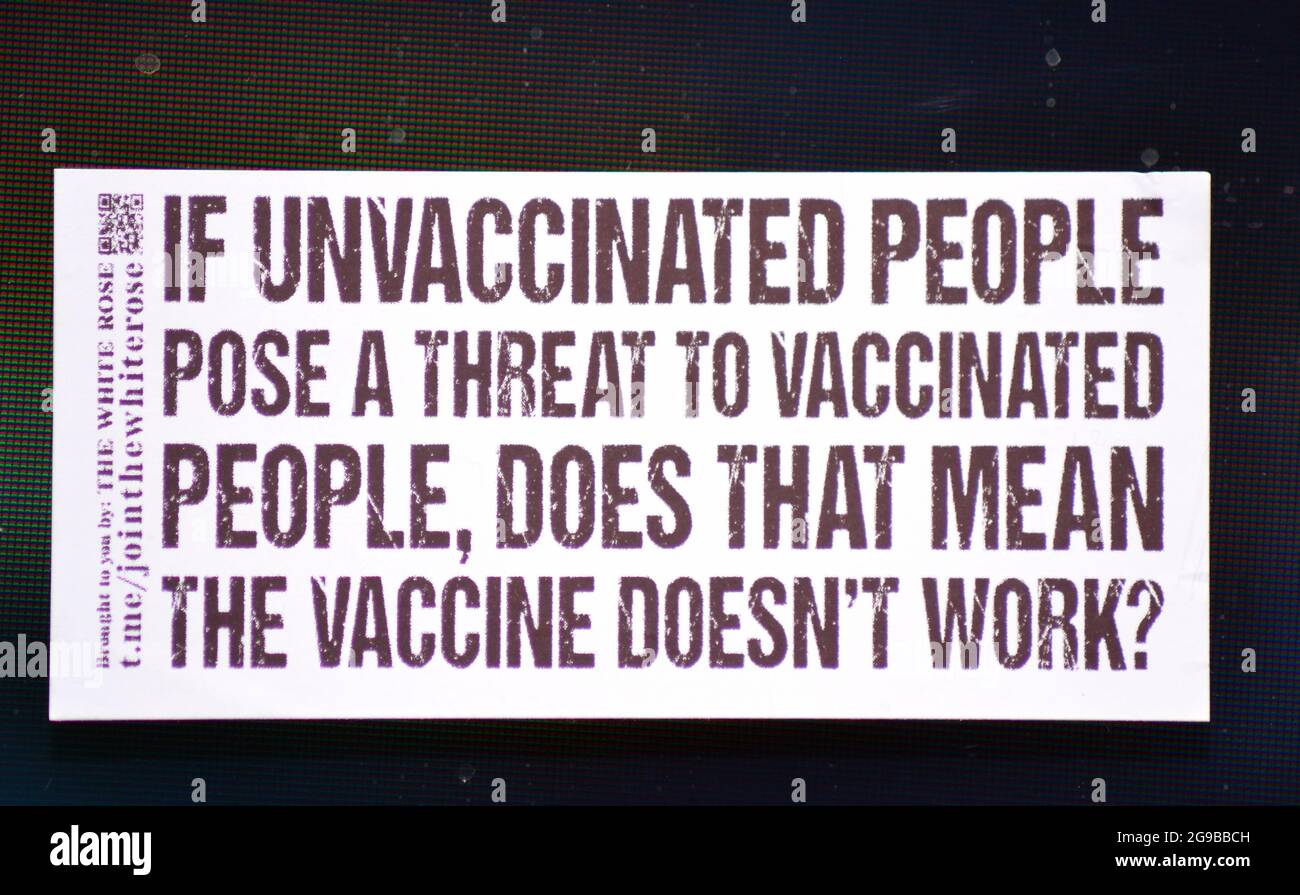Stickers left by people taking part in a large anti-vaccine and anti mask and anti lockdown demonstration in Manchester, UK, on 24th July, 2021, damaging street furniture. They do not believe that Covid-19 is a threat and strongly criticise measures to protect against it. The group making these stickers has taken its name from the Weiße Rose (White Rose) group formed in Germany in 1943 to provide intellectual, non-violent resistance to the Nazi party. Stock Photo