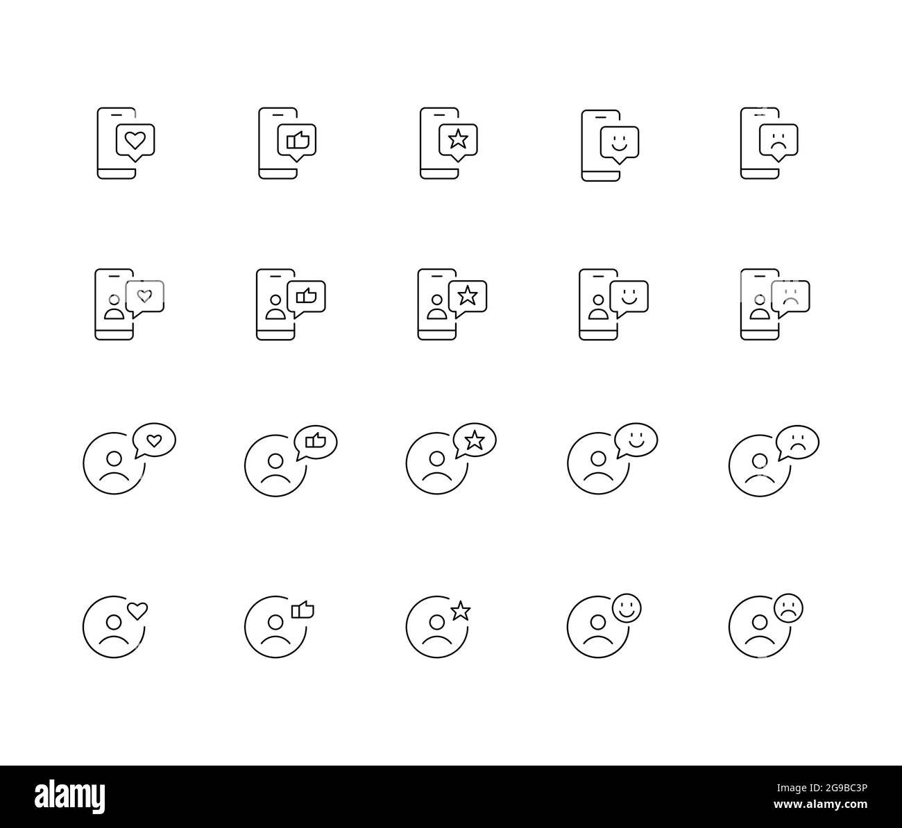 Social media user interactions icons. Like, add to favorite, thumbs up, smileys. Pixel perfect, editable stroke Stock Vector