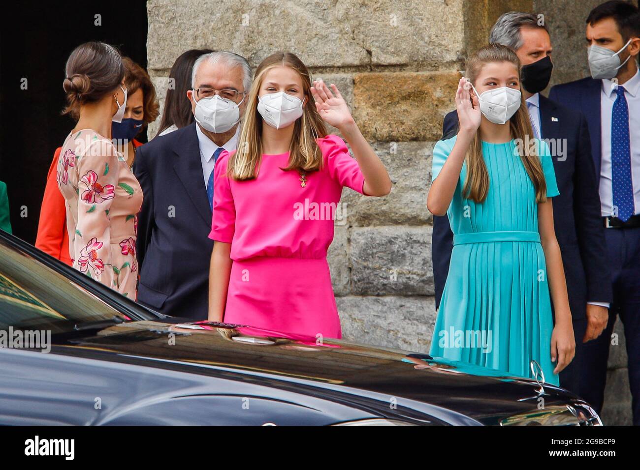 King Felipe, Queen Letizia, Princess Leonor and Princess Sofia attend St. James day at the Santiago Cathedral in Santiago de Compostela, Spain on the 25th of July of 2021. Photo by Archie Andrews/ABACAPRESS.COM Stock Photo