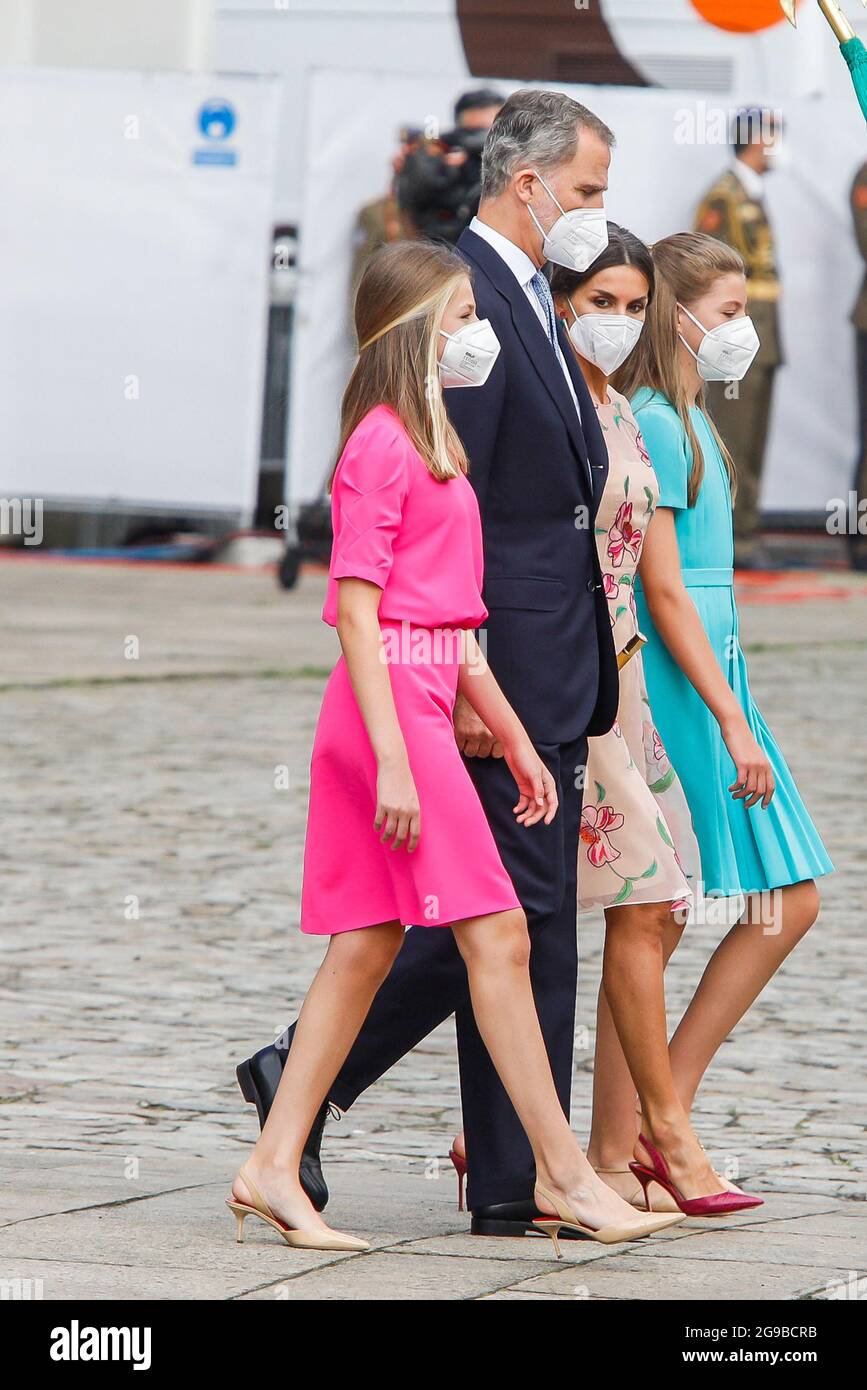 princess leonor pink dress King Felipe, Queen Letizia, Princess Leonor and Princess Sofia attend St.  James day at the Santiago Cathedral in Santiago de Compostela, Spain on the  25th of July of 2021. Photo by Archie