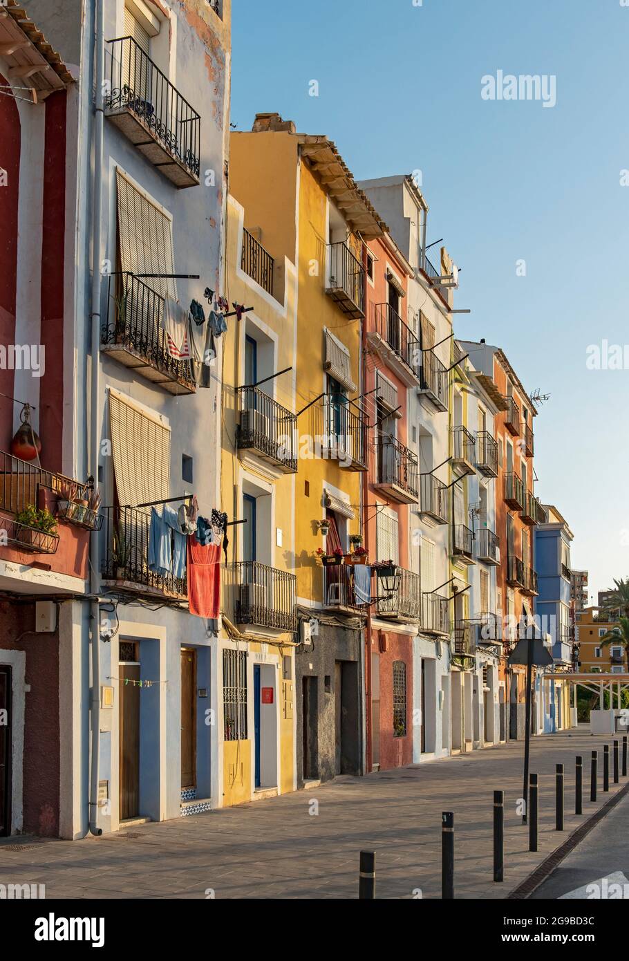 Colorful beachfront houses, Cases de Colors, Carrer Arsenal, Villajoyosa, Spain Stock Photo