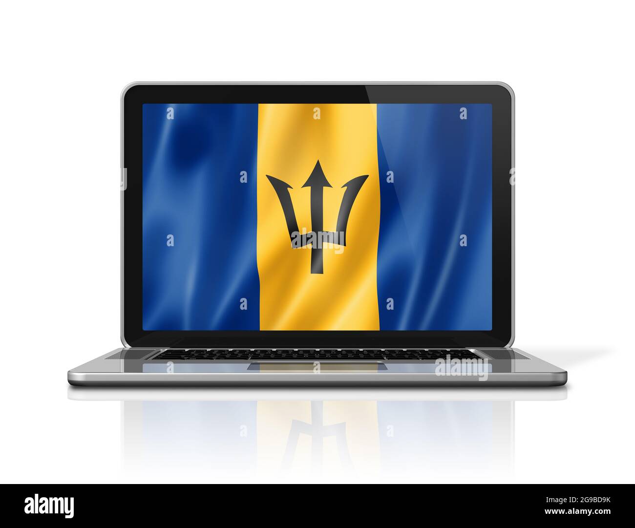 Barbados flag on laptop screen isolated on white. 3D illustration