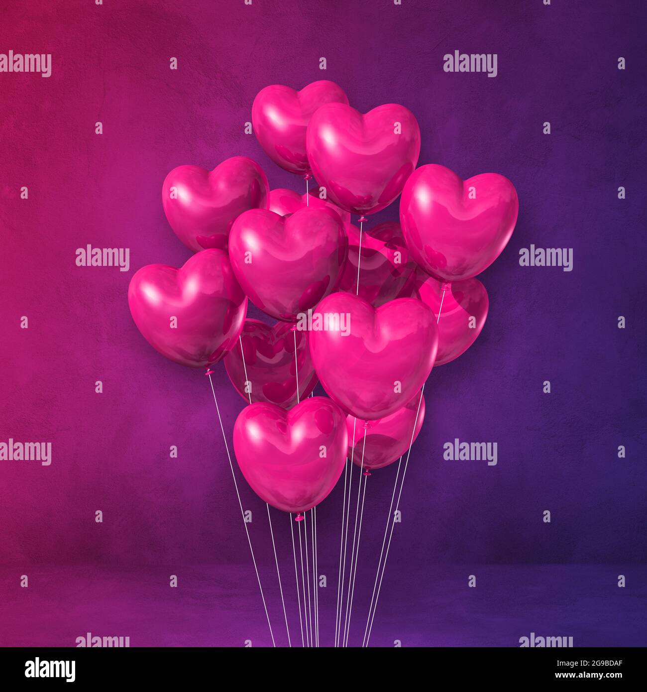 Pink heart shape balloons bunch on a purple wall background. 3D ...