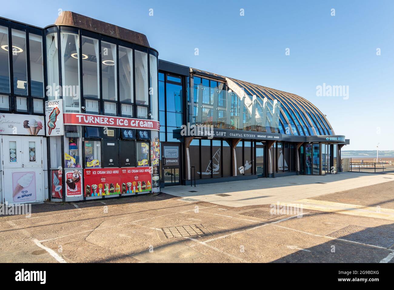 West Kirby, Wirral, UK. Turners Ice Cream Kiosk and The Sail Loft Coastal Kitchen restaurant