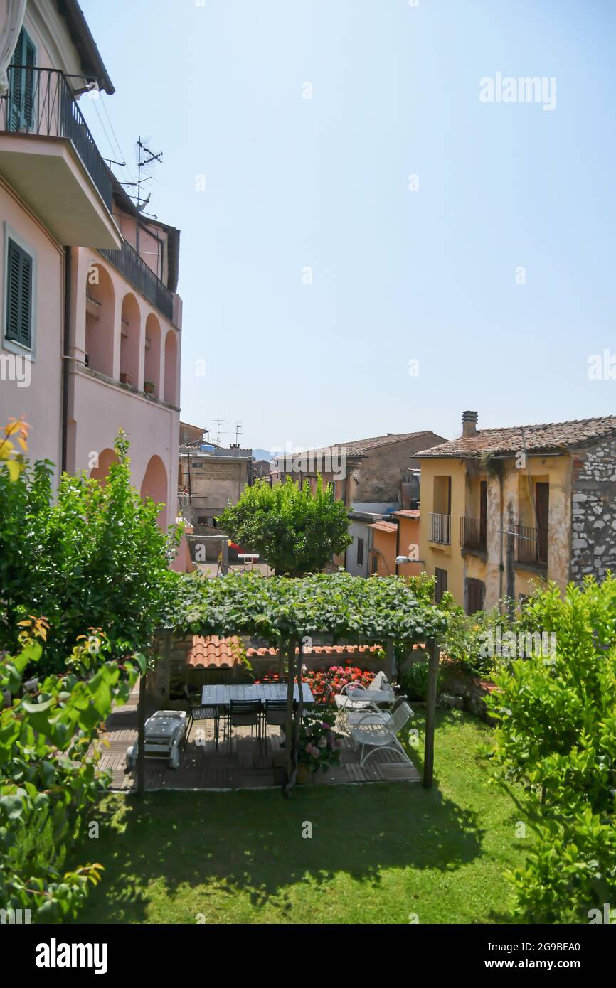 Maenza, Italy, July 24, 2021. The garden of a house in a medieval town