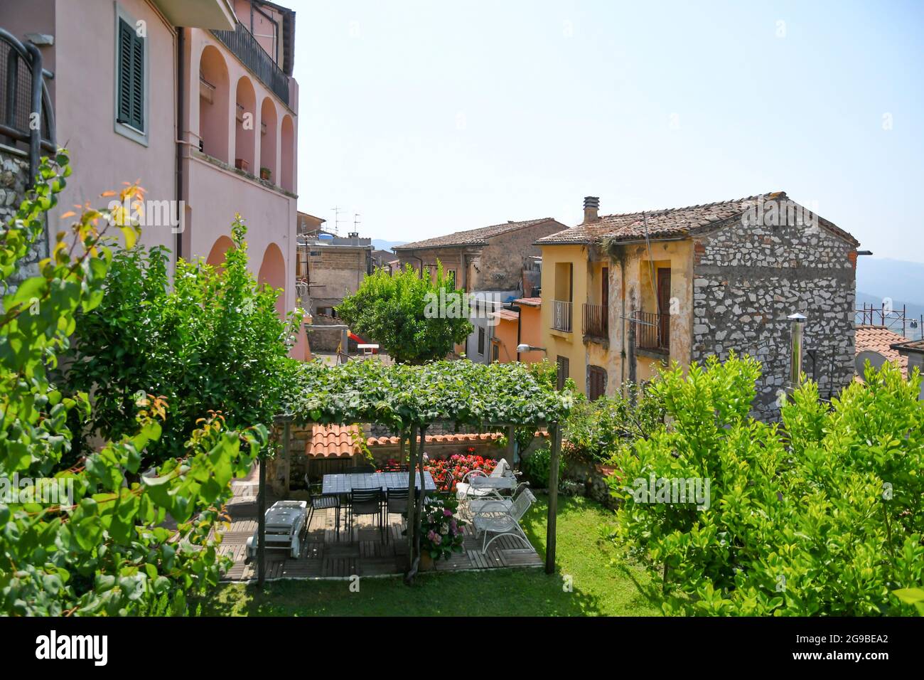 Maenza, Italy, July 24, 2021. The garden of a house in a medieval town