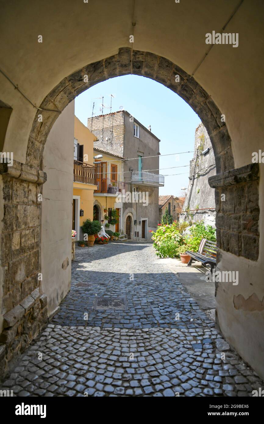 Maenza, Italy, July 24, 2021. A street in the historic center of a
