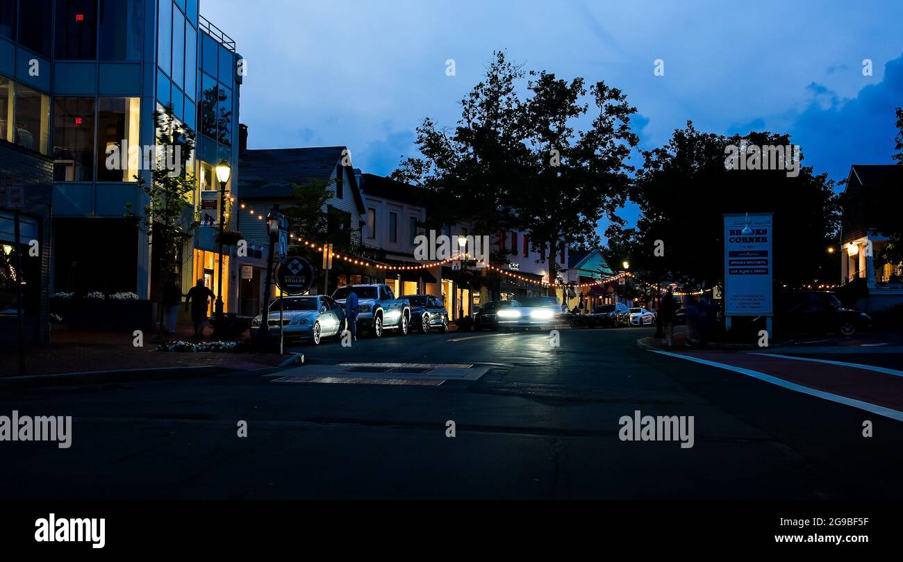 WESTPORT, CT, USA - JULY, 24, 2021: Evening street lights from Main street in downtown Stock Photo