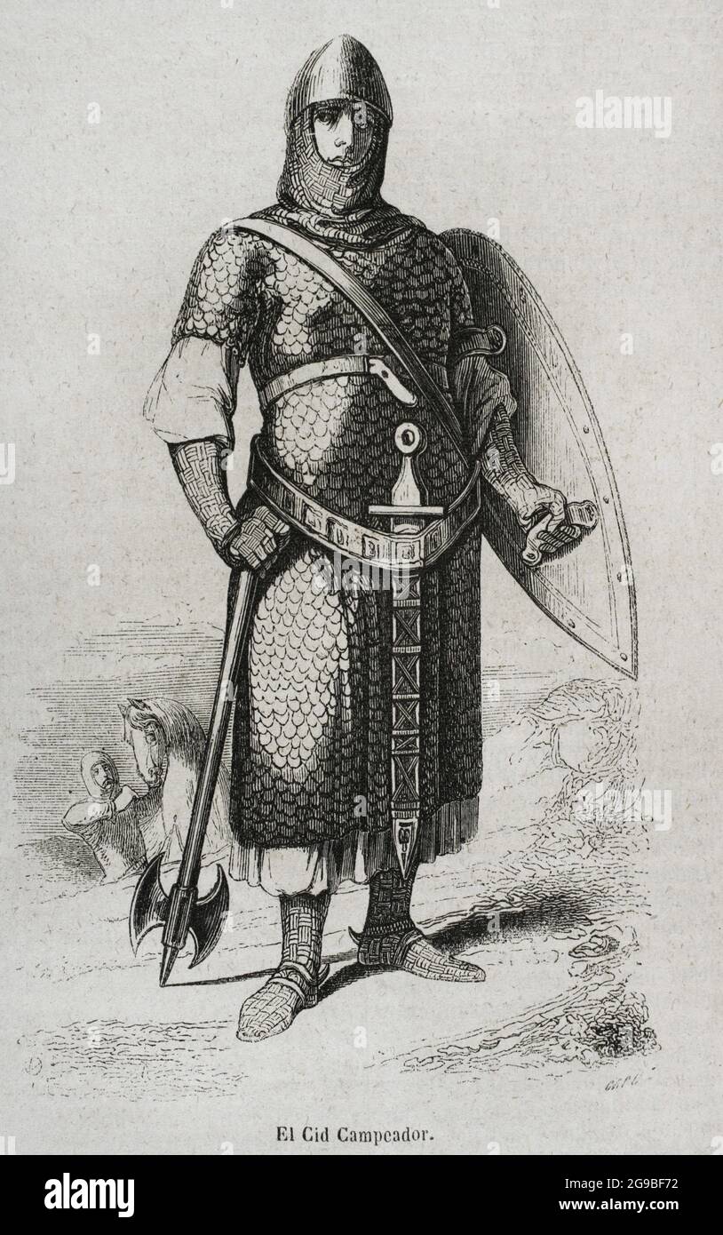 Rodrigo Díaz de Vivar, known as El Cid Campeador (c. 1043-1099). Castilian  nobleman, knighted by the Infante Sancho. He took part in the battles of  Llantada and Golpejera against Alfonso VI, and
