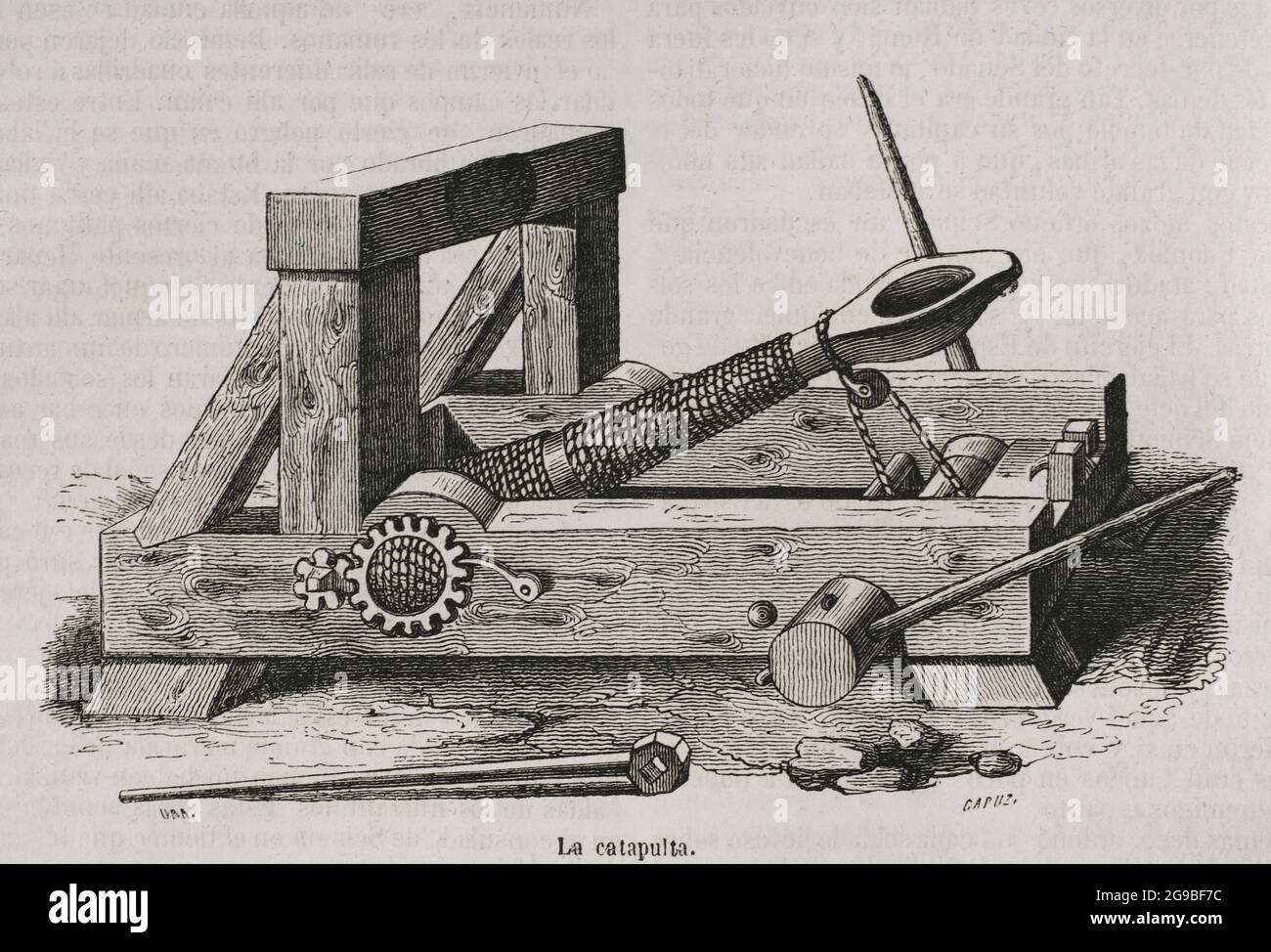 Ancient History. The catapult. Siege machine used to throw objects from a distance as projectiles. Engraving by Capuz. Historia General de España by Father Mariana. Madrid, 1852. Author: Tomas Carlos Capuz (1834-1899). Spanish engraver and xylograph. Stock Photo