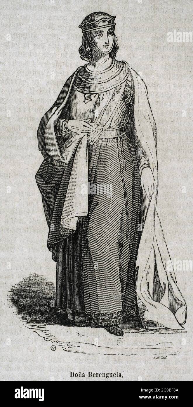 Berengaria (1180-1246). Queen of Castile and Queen consort of Leon. Portrait. Engraving by Capuz. Historia General España by Father Mariana. Madrid, 1852. Author: Tomás Carlos Capuz (1834-1899). Spanish engraver and xylograph. Stock Photo
