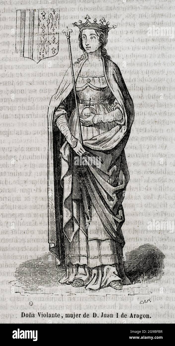 Violant of Bar (c.1365-1431). Queen consort of Aragon by marriage to John I of Aragon, as the second wife of the king. Engraving by Capuz, Historia General de España by Father Mariana. Madrid, 1852. Author: Tomás Carlos Capuz (1834-1899). Spanish engraver and xylograph. Stock Photo