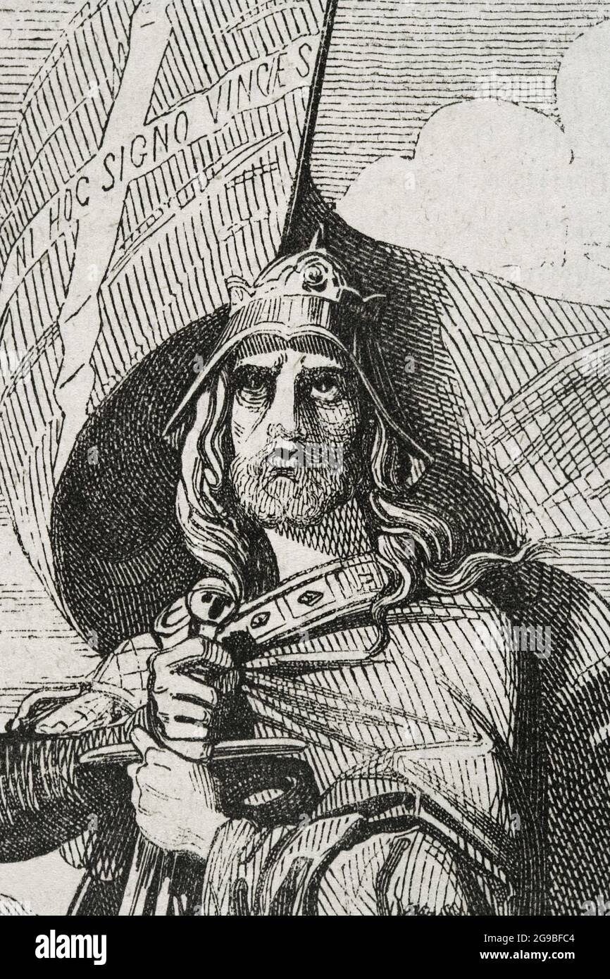 Pelagius of Asturias (c. 685-737). Visigoth nobleman, leader of the Asturian rebellion (718-737) against the Muslim power and winner in the Battle of Covadonga. First monarch of the Kingdom of Asturias. Engraving after a copy of Madrazo. Detail. Historia General de España by Father Mariana. Madrid, 1852. Stock Photo