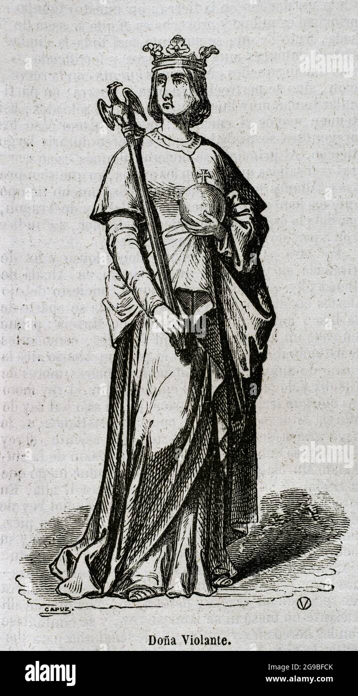 Violant of Hungary (1215-1251). Queen consort of Aragon (1235-1251) and second wife of James I of Aragon. Portrait. Engraving by Capuz. Historia General de España by Father Mariana. Madrid, 1852. Author: Tomás Carlos Capuz (1834-1899). Spanish engraver and xylograph. Stock Photo
