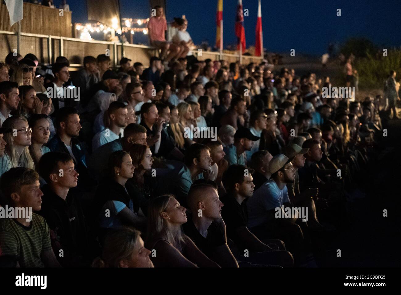 Pärnu, Estonia - July 11, 2021: Large crowd of fans cathered together to watch European Football Championship final between Italy and England on Pärnu Stock Photo