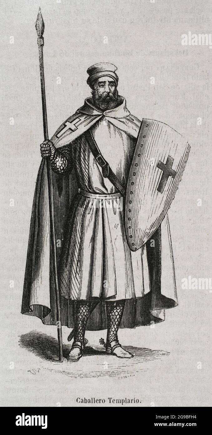 Catholic military monastic order of the Temple. Knight Templar. Engraving by Coderch. Historia General de España by Father Mariana. Madrid, 1852. Author: Coderch. Spanish artist,19th century. Stock Photo