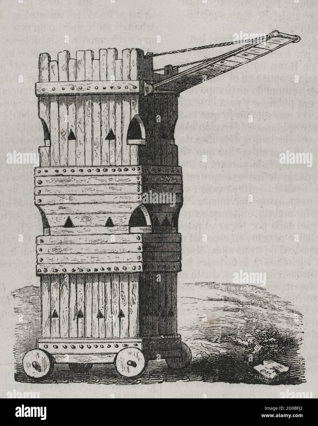Siege tower or breaching tower. Siege engine. Engraving. Historia General de España by Father Mariana. Madrid, 1852. Stock Photo