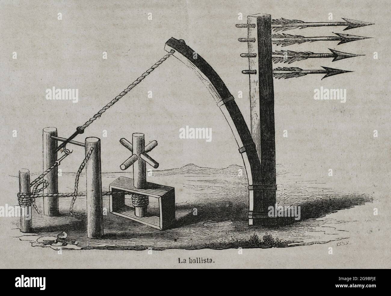 Ancient times. The ballista or bolt thrower. Ancient siege weapon that threw arrows, darts and javelins to distant targets. Engraving. Historia General de España by Father Mariana. Madrid, 1852. Stock Photo