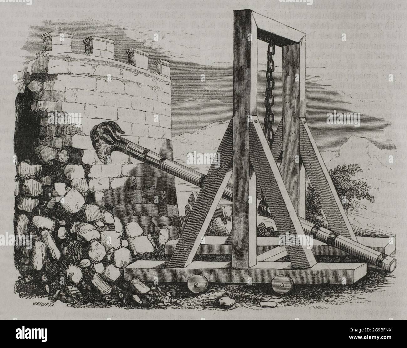 Ancient history. Battering ram. Siege weapon used to break open the masonry walls of fortifications or splinter their wooden gates. Engraving. Historia General de España by Father Mariana. Madrid, 1852. Stock Photo