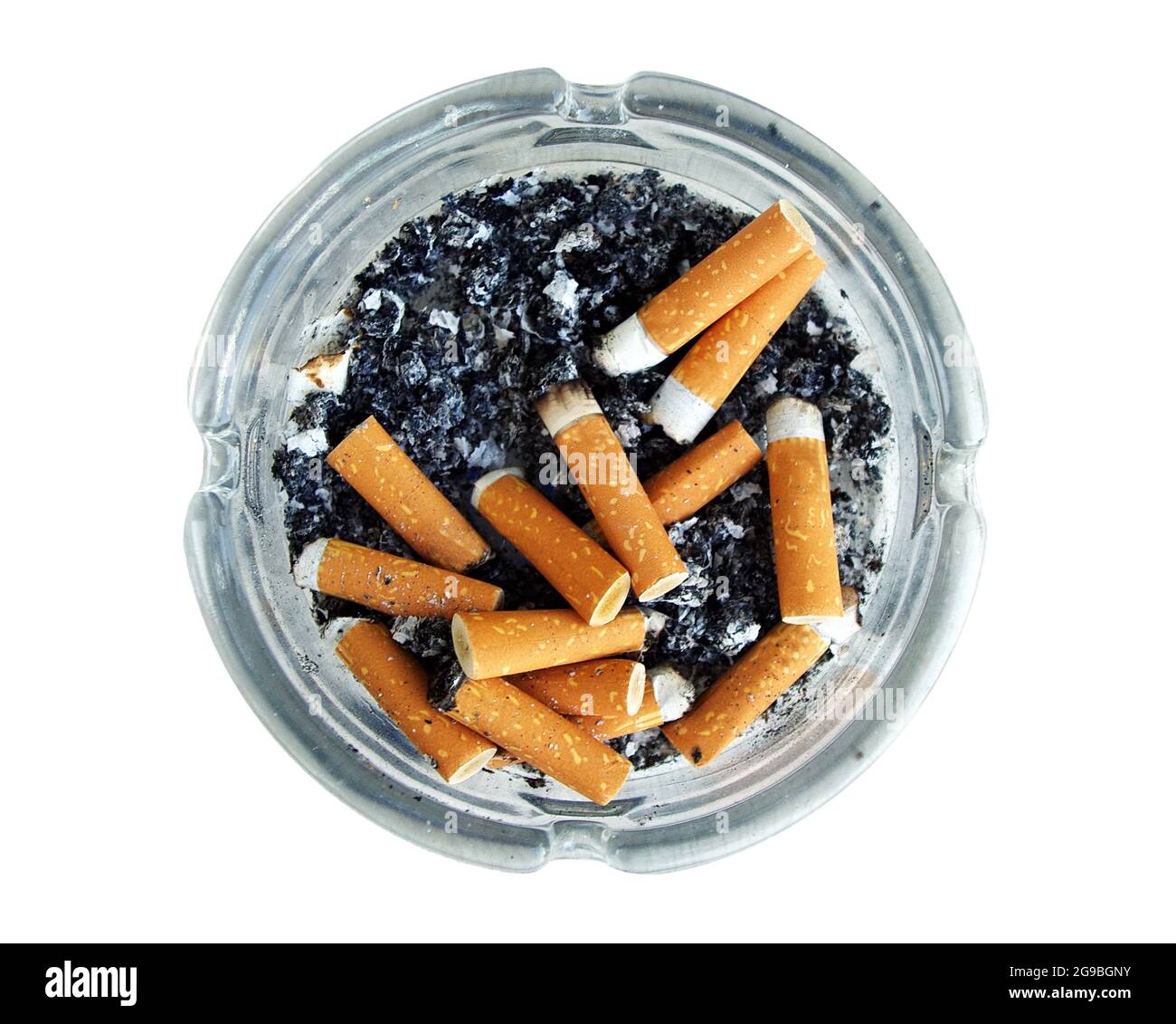 Ashtray full of cigarette butts isoalted on white background top view. The cigarettes tobacco