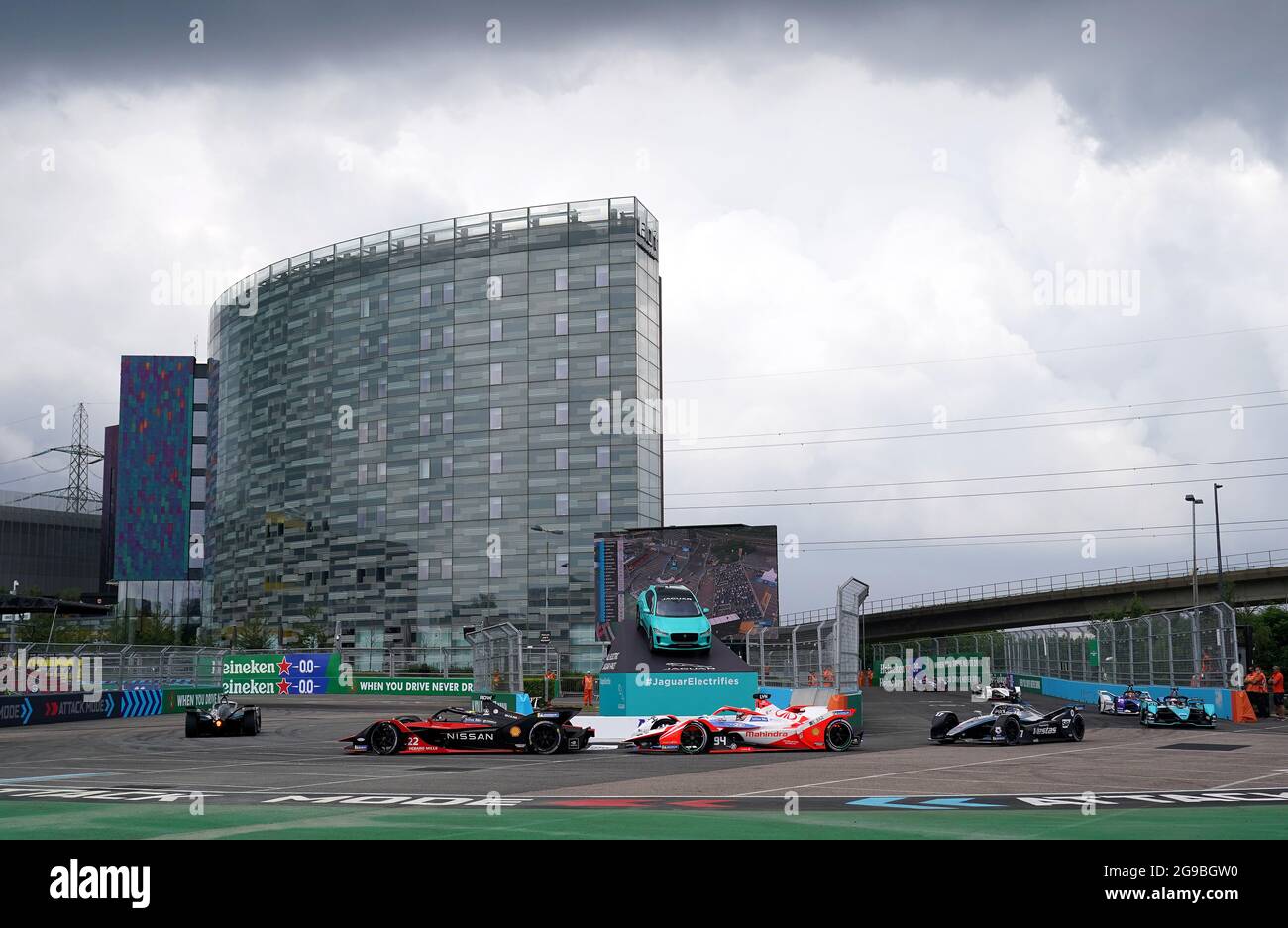 Mahindra Racing's Alex Lynn (third left) on the first lap during the ...