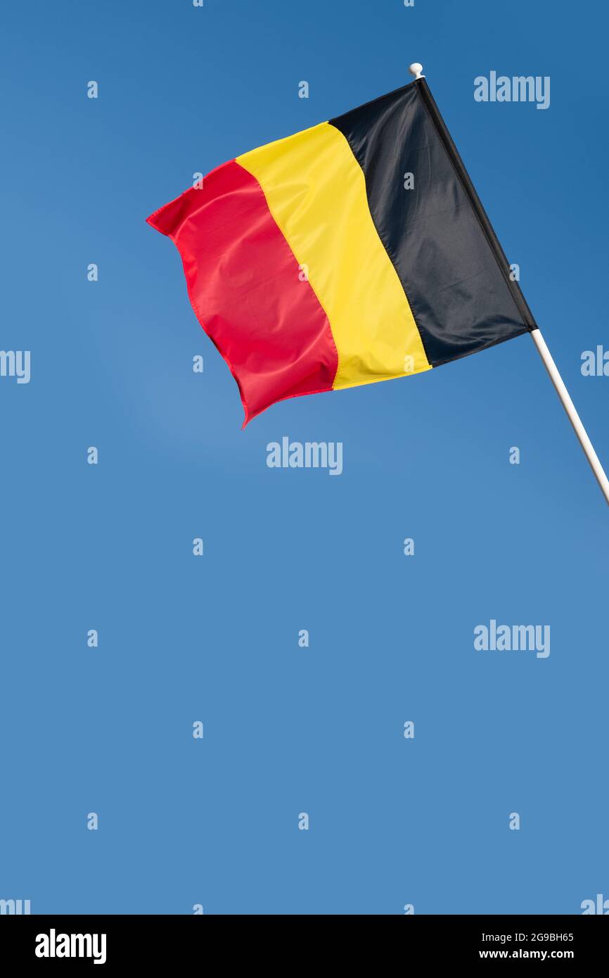 Flag of Belgium on blue sky background. Belgian flag waving in wind Stock Photo