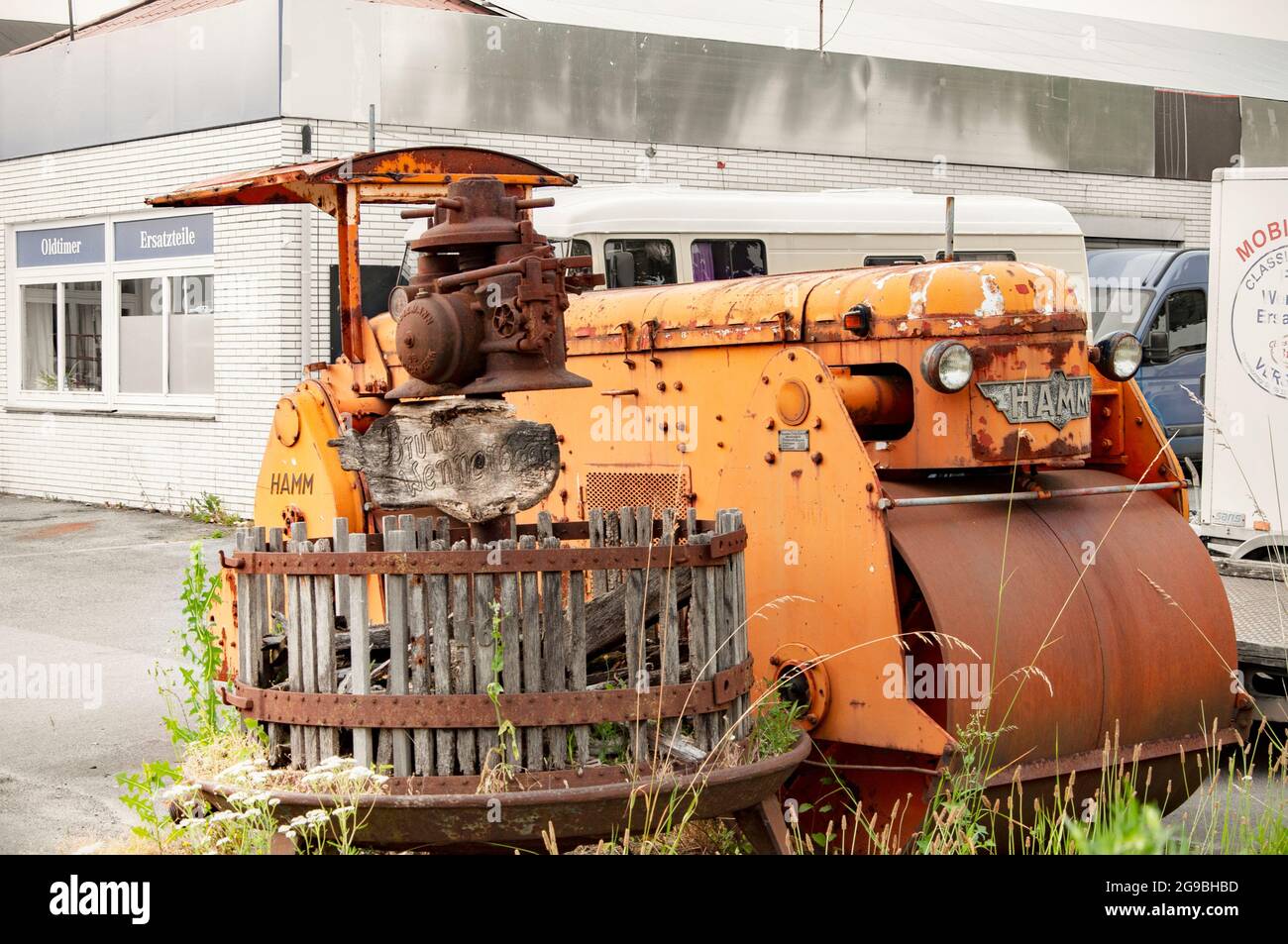 VERSMOLD, GERMANY. JUNE 20, 2021. Auto House. Retro Hamm diesel powered road roller. Old vehicle Stock Photo