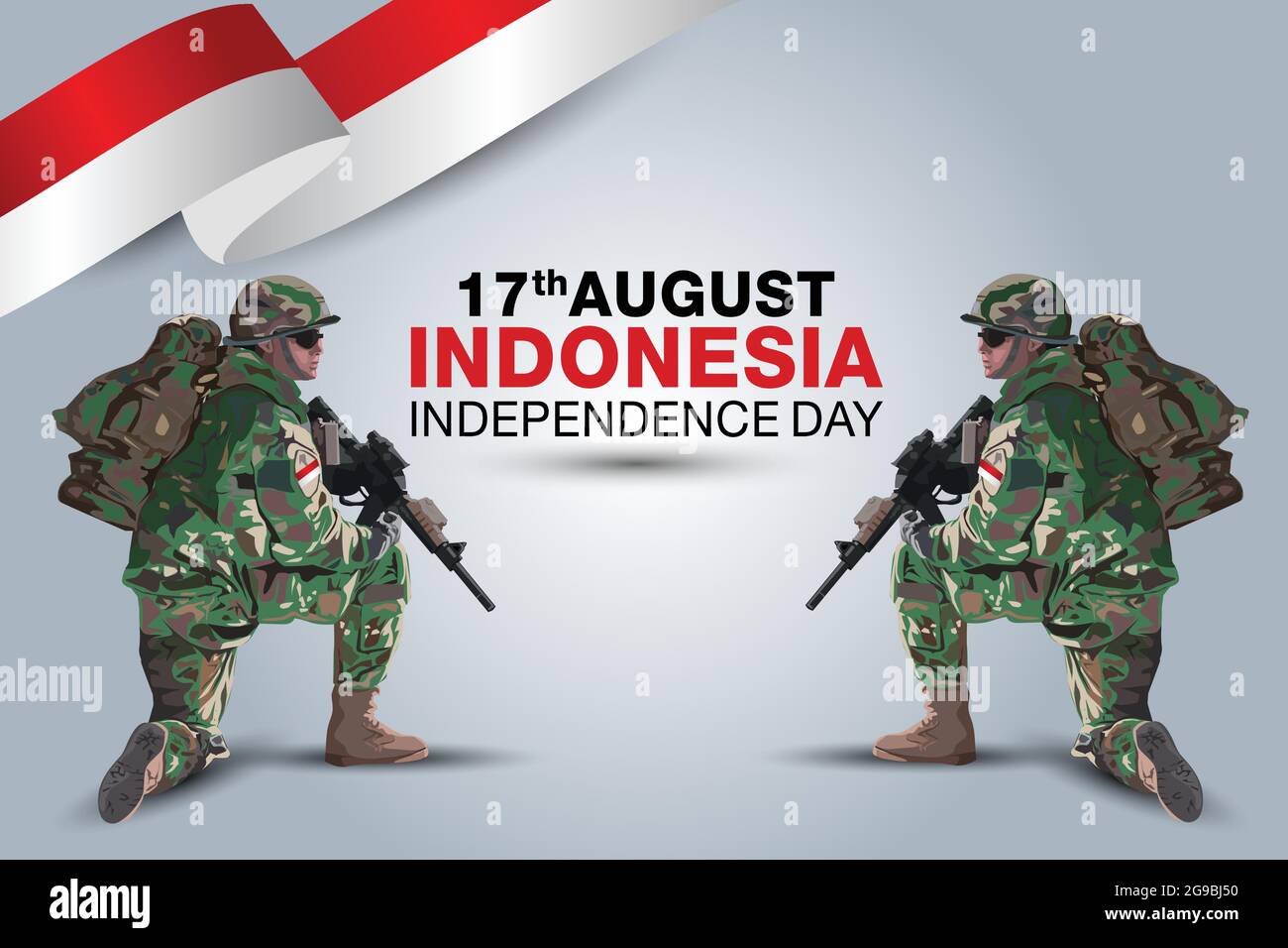 illustration of 17th of august background for Happy Independence Day of Indonesia. a soldier with gun and flag. Vector illustration design. Stock Vector
