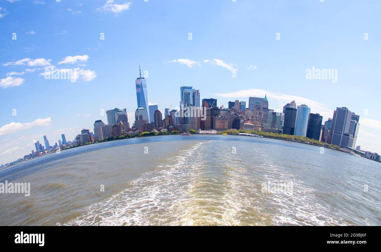 Skyline panorama of downtown Financial District and the Lower Manhattan in New York City, USA. Fish eye effect Stock Photo