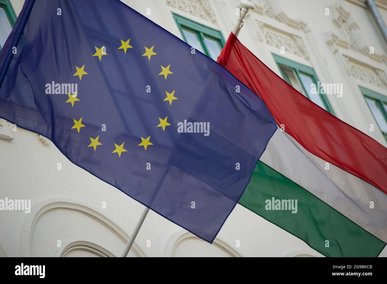 Budapest, Warsaw, Hungary. 25th July, 2021. The European Union and Hungarian flags are seen on July 25, 2021 in Budapest, Hungary. (Credit Image: © Aleksander Kalka/ZUMA Press Wire) Stock Photo