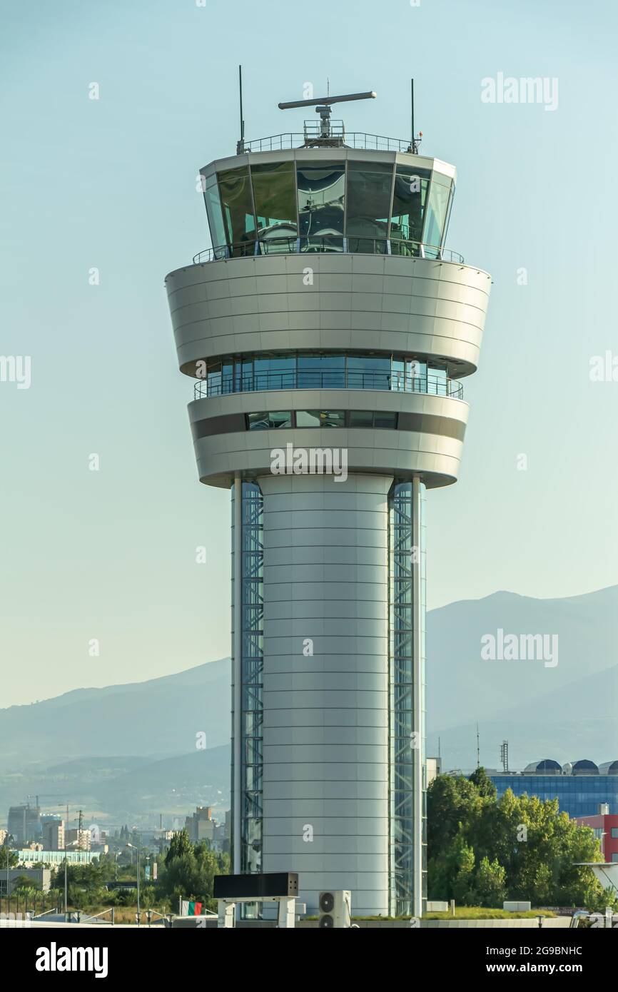 Sofia, Bulgaria - September 02, 2018: Sofia Airport Air Traffic Control Tower, LBSF, SOF Stock Photo