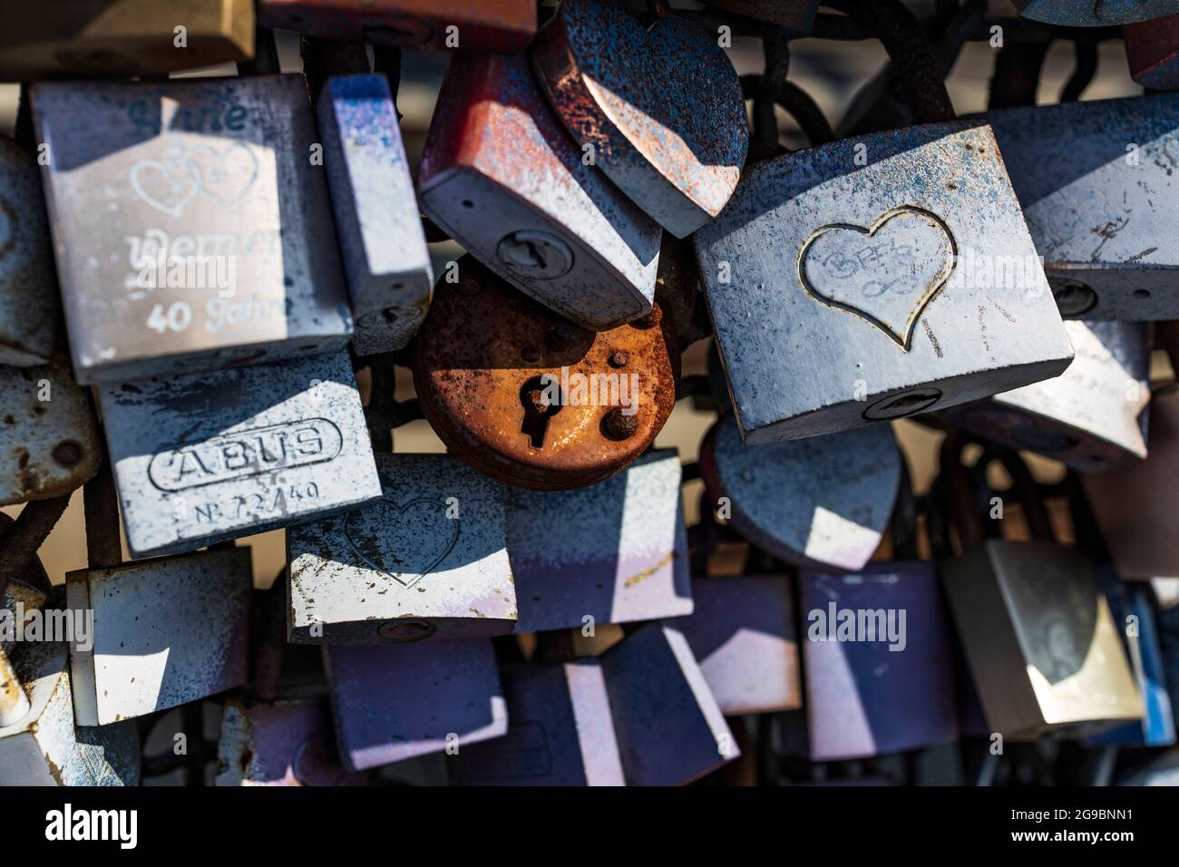 Love locks on Hohenzollern bridge, Cologne, North Rhine-Westphalia, Germany, Europe Stock Photo