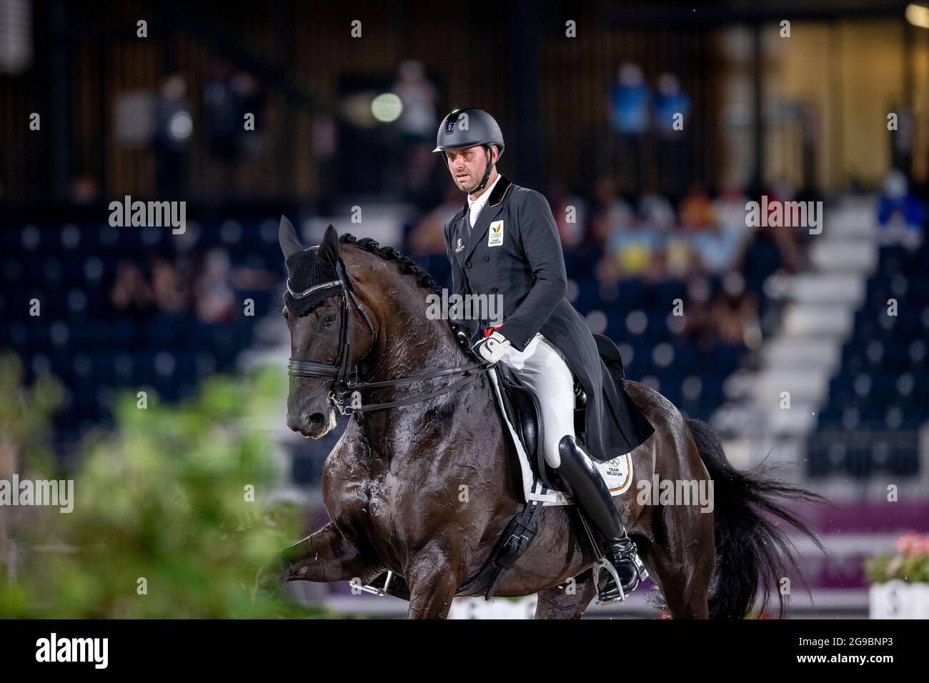 Belgian Equestrian dressage rider Domien Michiels and his horse Intermezzo van het Meerdaalhof pictured at day two of the equestrian dressage event, a Stock Photo