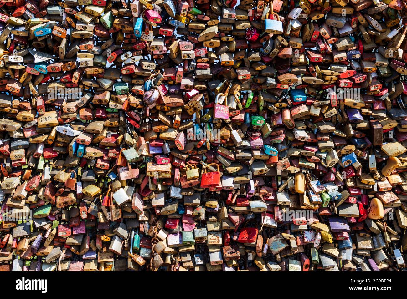 Love locks on Hohenzollern bridge, Cologne, North Rhine-Westphalia, Germany, Europe Stock Photo