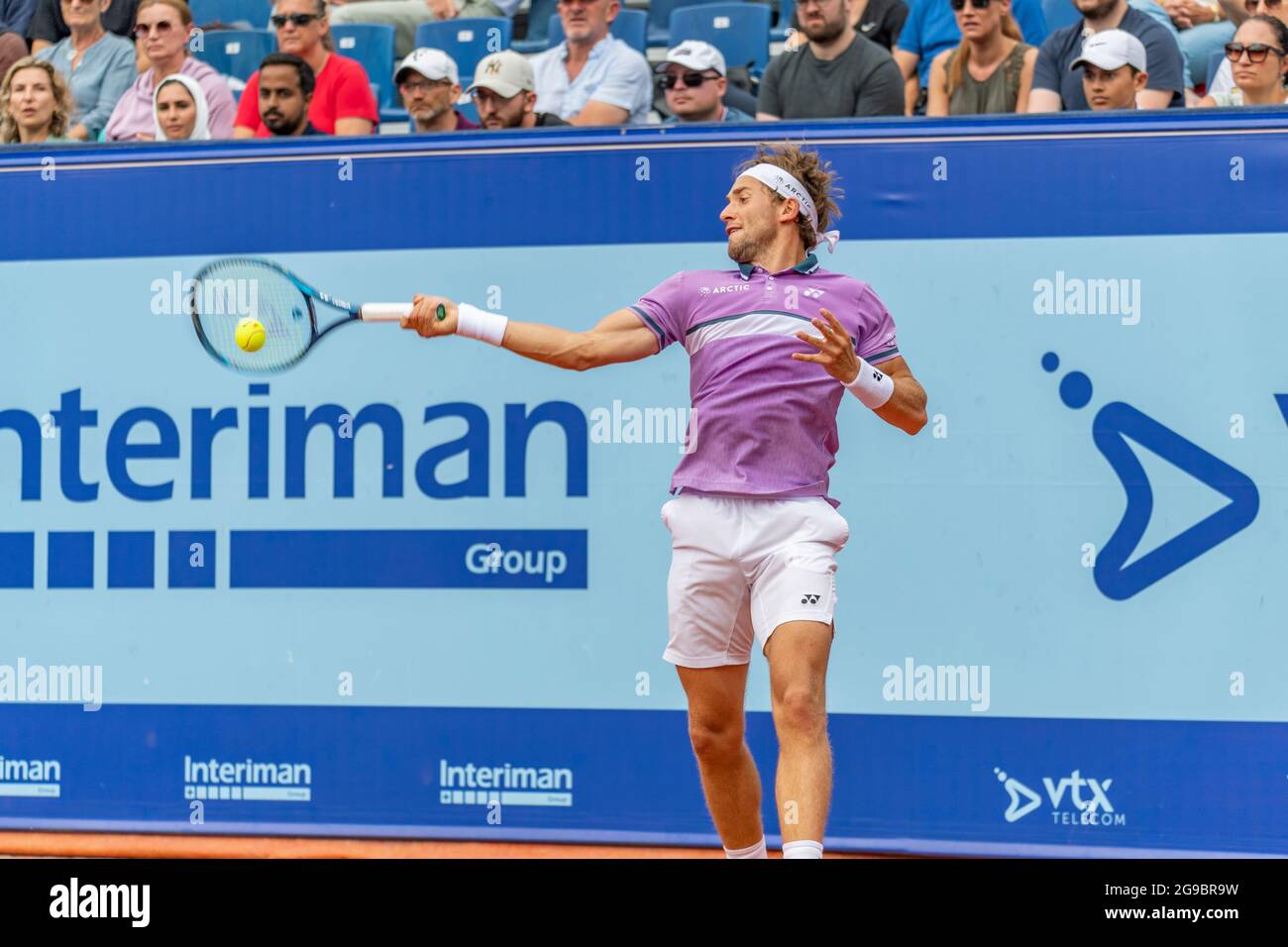 Gstaad, Switzerland. 07th May, 2021. Casper Ruud of Norway is in action  during the Gstaad Swiss Open ATP Tour 250 Series 2021 tournament final  (Photo by Eric Dubost/Pacific Press) Credit: Pacific Press