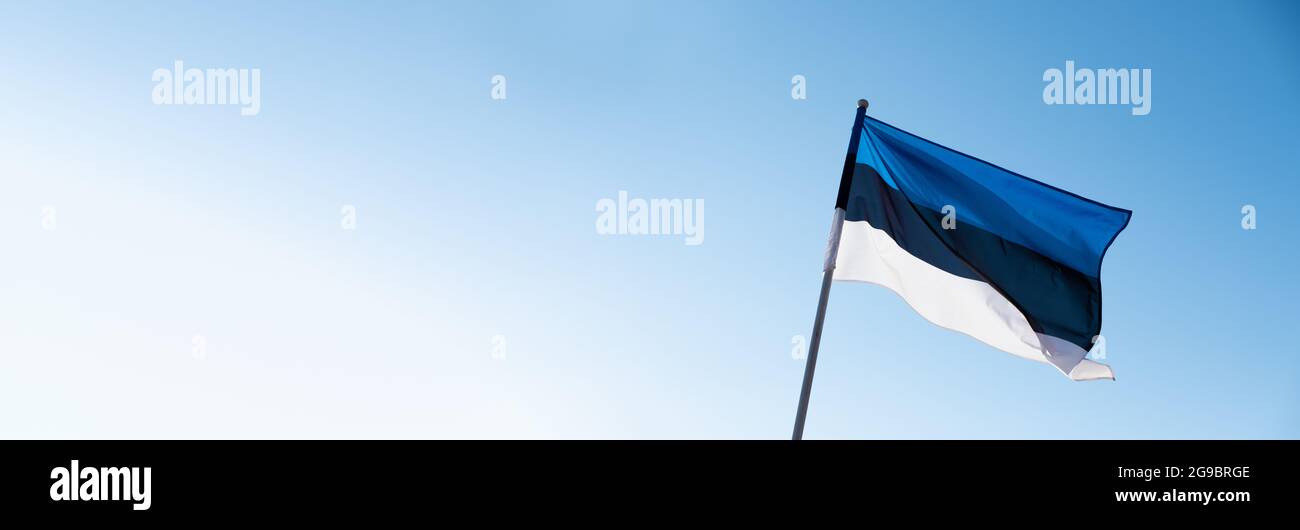 Flag of Estonia on blue sky background. Estonian flag waving in wind ...