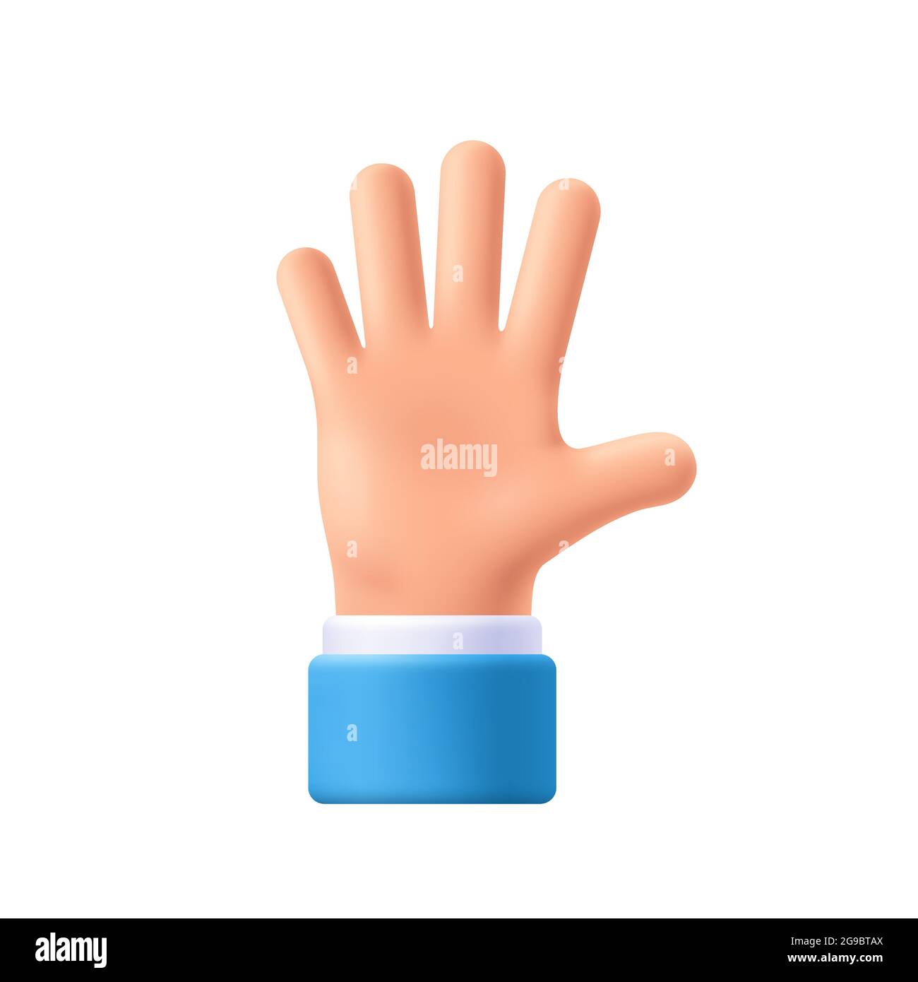 Cartoon character hand goodwill gesture. Open outstretched hand, showing five fingers, extended in greeting. 3d emoji vector illustration. Stock Vector